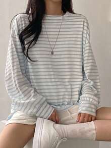 DAZY Striped Print Drop Shoulder Oversized Tee Long Sleeve Women Tops - Blue and White - View 7