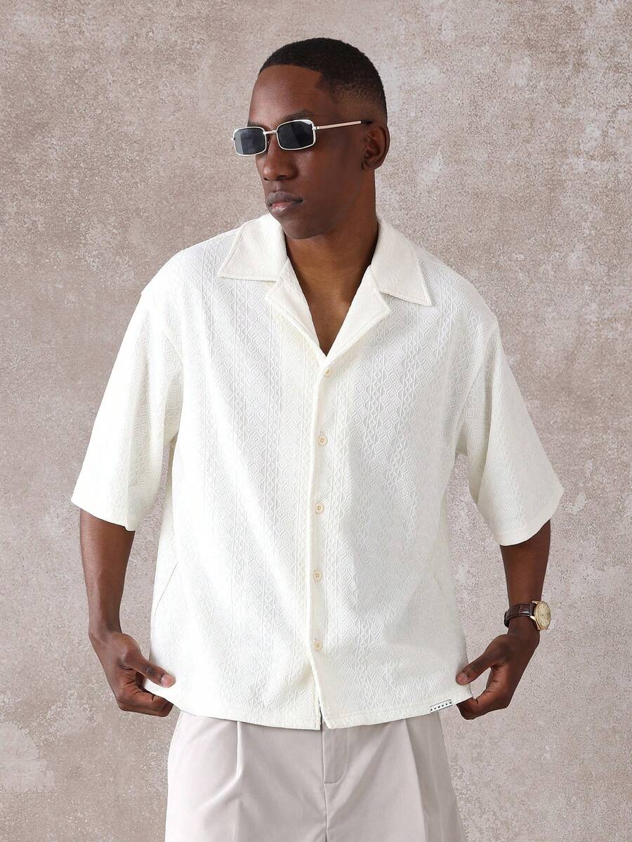 SUMWON Resort Crochet Knit Short Sleeve Button Down Shirt Relaxed Casual Summer Holiday Beach Vacation Lounge Stretch Lightweight Textured Pattern - Beige - View 1