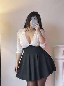 Vibekara Women's Plus Size Sexy Hot Girl Solid Color Lace Trim V-Neck Casual Versatile Black Cinched Waist Slim Fit Elastic Inclusive Flattering Dress - White - View 5