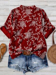 Linhara Plus Size Casual Chic 3/4 Sleeve Printed Blouse, Suitable For Spring, Summer & Autumn Fall - Burgundy - View 2