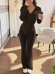 SHEIN PETITE 2pcs/Set Women Casual Hooded Sweatshirt With Pockets & Ribbed Flare Pants, Versatile Autumn/Winter Outfit ,Petite Women - Chocolate Brown - View 5