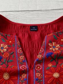 SHEIN LUNE CURVE 春夏度假休閒通勤優雅大尺碼仿刺繡印花洋裝 - 紅色 - 查看 6