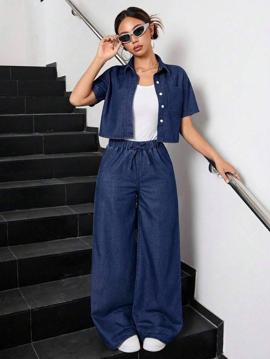 SHEIN 2件套少女深蓝色牛仔短袖短款衬衫和宽松长裤 - 深色水洗藍 - 查看 1
