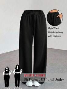 SHEIN PETITE CURVE 大尺碼女款純色抽繩腰直筒寬鬆休閒長褲 - 黑色 - 查看 2