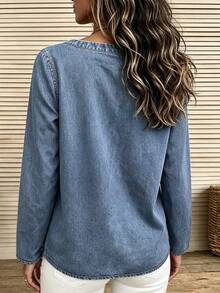 SHEIN Holidaya Women's Round Neck Long Sleeve Digital Print Top - Blue - View 2
