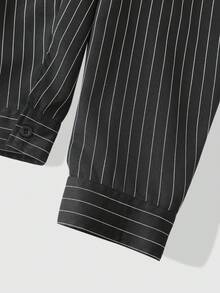 ROMWE MEN Men's Loose Striped Long Sleeve Shirt With Calligraphy Print - Black - View 6