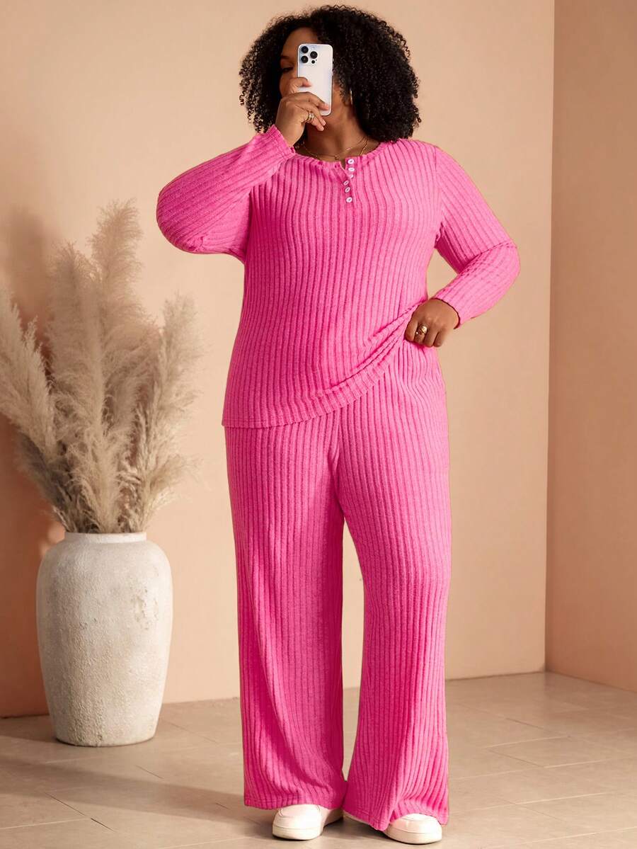 BrightlyHer Plus Size Women's Autumn/Winter Casual Solid Color T-Shirt Top And Wide Leg Pants 2-Piece Set With Pockets - Pink - View 1