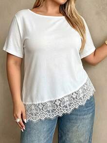 Cévolie Plus Size Women's Lace Patchwork Casual Elegant Versatile Everyday Top Formal Date Night White Summer - White - View 4