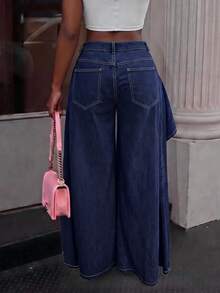 Slaydiva Women's Designer Button Pocket Front Short Back Long Denim Jeans - Blue - View 10
