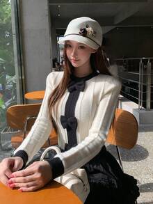 DAZY Women's Round Neck Bow Contrast Color Long Sleeve Girly Sweater Fall Cardigan - Black and White - View 1