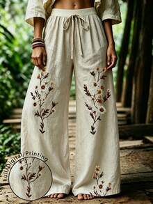 EMERY ROSE Plus Size Casual Vacation Floral Print Drawstring Waist Loose Pants Fall - Multicolor - View 1