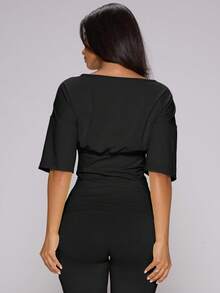 MUSERA Lime Green Button Through Wide Sleeve Open Front Top - Black - View 4