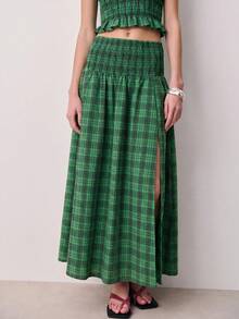 Nöista Conjunto de dos piezas a cuadros con detalle de volantes en la cintura. Verano, otoño, resort, casual chic, estilo de fiesta - Verde Oscuro - Ver 4