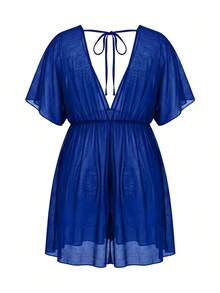 Swim Lushoire Summer Beach Daily Basic Solid Color Plus Size Cover-Up - Royal Blue - View 4