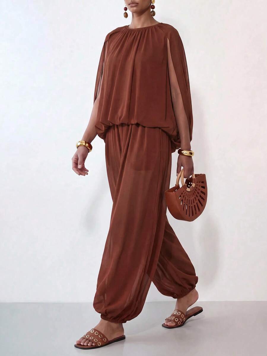 Zivah New Summer Vacation Red-Brown Chiffon Loose-Fitting Pleated Batwing Slit Sleeve Top + Jogger Lantern