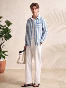 TONEVAULT Men's Casual Striped Long Sleeve Shirt - Blue and White - View 5