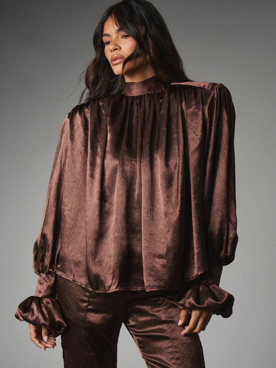 MISSGUIDED Voluminous Chocolate Brown Satin Co-Ord Set With Puff Sleeve Mock Neck Top And Wide Leg Pants For Evening Occasions Autumn Winter Collection