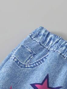 SHEIN Girlss 卡通女團印花衛衣與丹寧效果寬腿褲 2 件套 秋季寬鬆長袖圓領衛衣，附彩色 Q-Versi - 粉色 - 查看 5