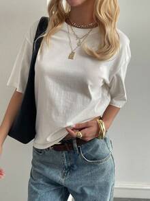 DAZY Women's Summer Casual Versatile Solid Color Short Sleeve T-Shirt - Black and White - View 2
