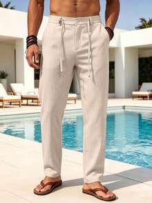 VENTUSAIL Men's Solid Color Drawstring Linen-Feel Casual Pants, Long Trousers With Pockets, Suitable For - Khaki - View 5