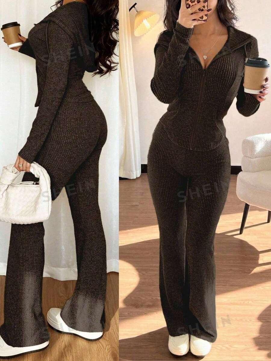 SHEIN PETITE 2pcs/Set Women Casual Hooded Sweatshirt With Pockets & Ribbed Flare Pants, Versatile Autumn/Winter Outfit ,Petite Women - Chocolate Brown - View 1