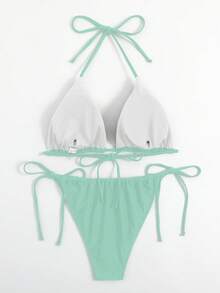 Swim Mod 大尺碼女款純色抓皺掛脖綁帶性感比基尼兩件式泳衣套裝 - 薄荷綠 - 查看 2