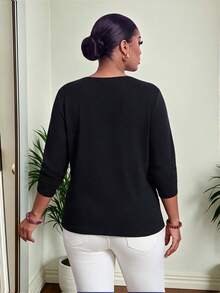 SHEIN Lady CURVE Jaket Wanita Ukuran Besar Warna Polos Depan Terbuka Elegan Kasual Smart Jacket Musim Gugur Kantor Bisnis Hitam - Hitam - View 2