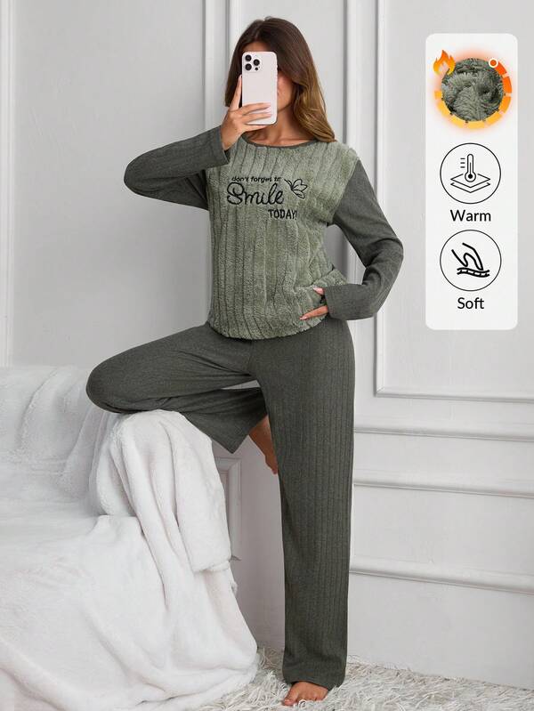 SHEIN Women 2 Pcs Slogan Embroidery Fuzzy Rib Knit Long Sleeve Long Pants Casual Winter Pajama Lounge Set