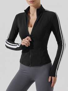 DAZY Striped Decor Sports Running Yoga Fitted Long Sleeve Jacket - Black - View 6