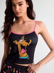 SCOOBY-DOO X SHEIN 女款卡通印花細肩帶上衣與短褲休閒居家睡衣套裝 - 黑色 - 查看 3