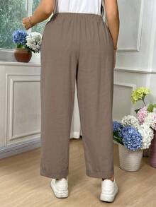 SHEIN EMERY ROSE CURVE Plus Size Women Cotton Fold Over Hem Solid Color Pockets Casual Pants Fall - Brown - View 2