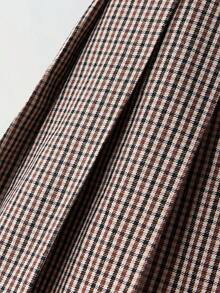 SHEIN 少女時尚格紋百褶迷你裙，校園風 - 卡其色 - 查看 6