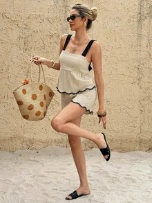 Muvela Aprikot gewebter Stoff Zweiteiler Lässig Träger-Camisole und Mini-Shorts ärmellos Farbblock Knoten-Details Damen Outfit Sommer - Aprikosenfarben - Übersicht 7