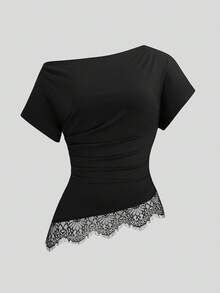Sweetra Plus Size Women's Casual Commute Minimalist Sexy Asymmetric Neck T-Shirt - Black - View 1