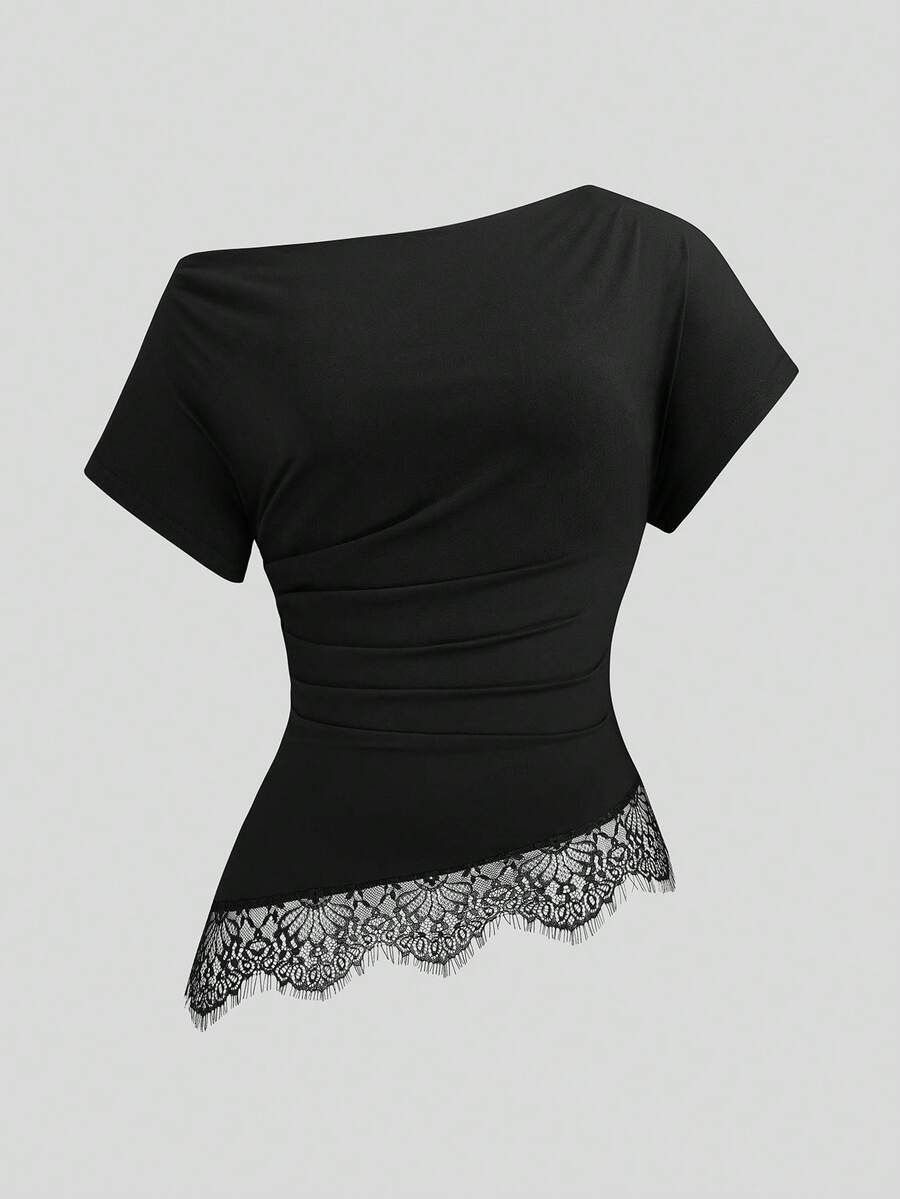 Sweetra Plus Size Women's Casual Commute Minimalist Sexy Asymmetric Neck T-Shirt - Black - View 1