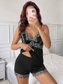 Rafferiza Floral Lace Cami Top & Shorts PJ Set / Pajama Set - Black - View 1