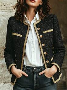 SHEIN Women's Casual Wool Blend Jacket With Woven Trim, Long Sleeve, Single-Breasted - Black - View 2
