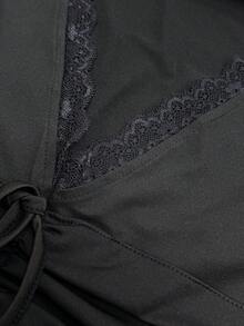 SHEIN Glamour 极简性感棕色深V领T恤，褶皱系带喇叭袖收腰上衣 - 黑色 - 查看 8