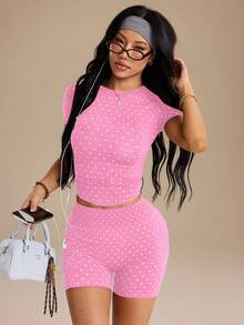 Dewbera Dewbera Seamless Women's Sports Set, Sexy Casual, Sports T-Shirt, Sports Shorts, Seamless Women's Sports Set, Sports Tank Top - Pink - View 5