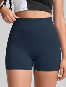 Teen Girls' Dark Blue. High-Waist Athletic Shorts, Made From High-Stretch Form-Fitting Fabric With A Sleek And Supportive Design, Perfect For Spring And Summer Activities Including Running, Gym Workouts, And Casual Sporty Wear - Navy Blue - View 4