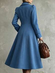 LUMIGAL Women's Wool Blend Long Coat With Large Lapel, Cinched Waist And Metal Button Decoration, Elegant Commuter Streetwear For Spring And Autumn - Blue - View 2