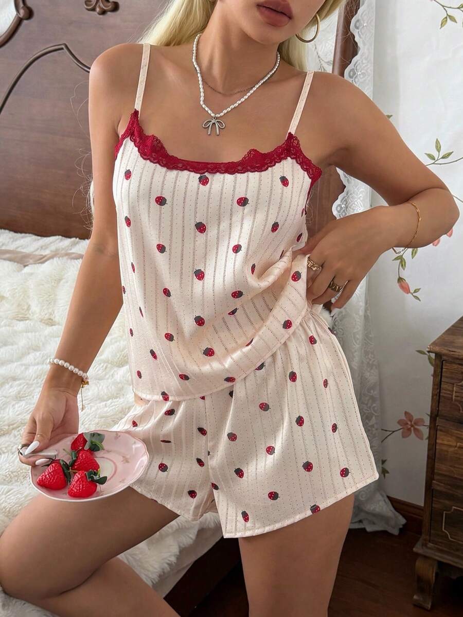 CottageSlumber Lace Trim Patchwork Strawberry Print Faux Acetate Fabric Camisole Top And Shorts Pajama Set - Multicolor - View 1