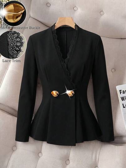 Modelyn Women's Premium Waist-Cinched Slim Fit Lace Patchwork Black Blazer, Elegant Fashionable Metal Button Decor Long Sleeve Versatile ,Festival Outfit