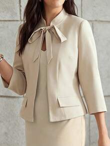 SHEIN Women's Spring/Autumn Fashion Minimalist Elegant Solid Color Tie-Up Mid-Sleeve Faux Pocket Jacket, Long Sleeve Jacket, Minimalist Jacket, Commuter Jacket, Suitable For Daily Commute Wear, Fashionable And Elegant - Khaki - View 7