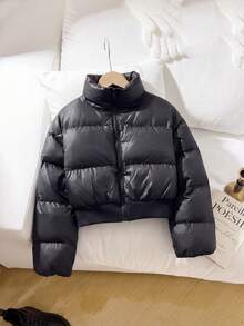 SHEIN 1件青少年女孩高腰短版收腰棉墊外套，休閒秋冬穿搭 - 黑色 - 查看 6