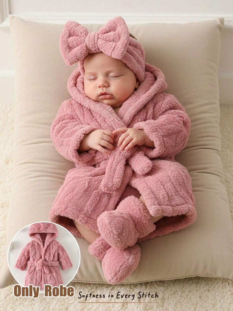 Cozy Pixies 新生兒男嬰/女嬰連帽長袖抓絨睡袍附綁帶，秋冬款，不含髮帶與鞋子 - 粉色 - 查看 1
