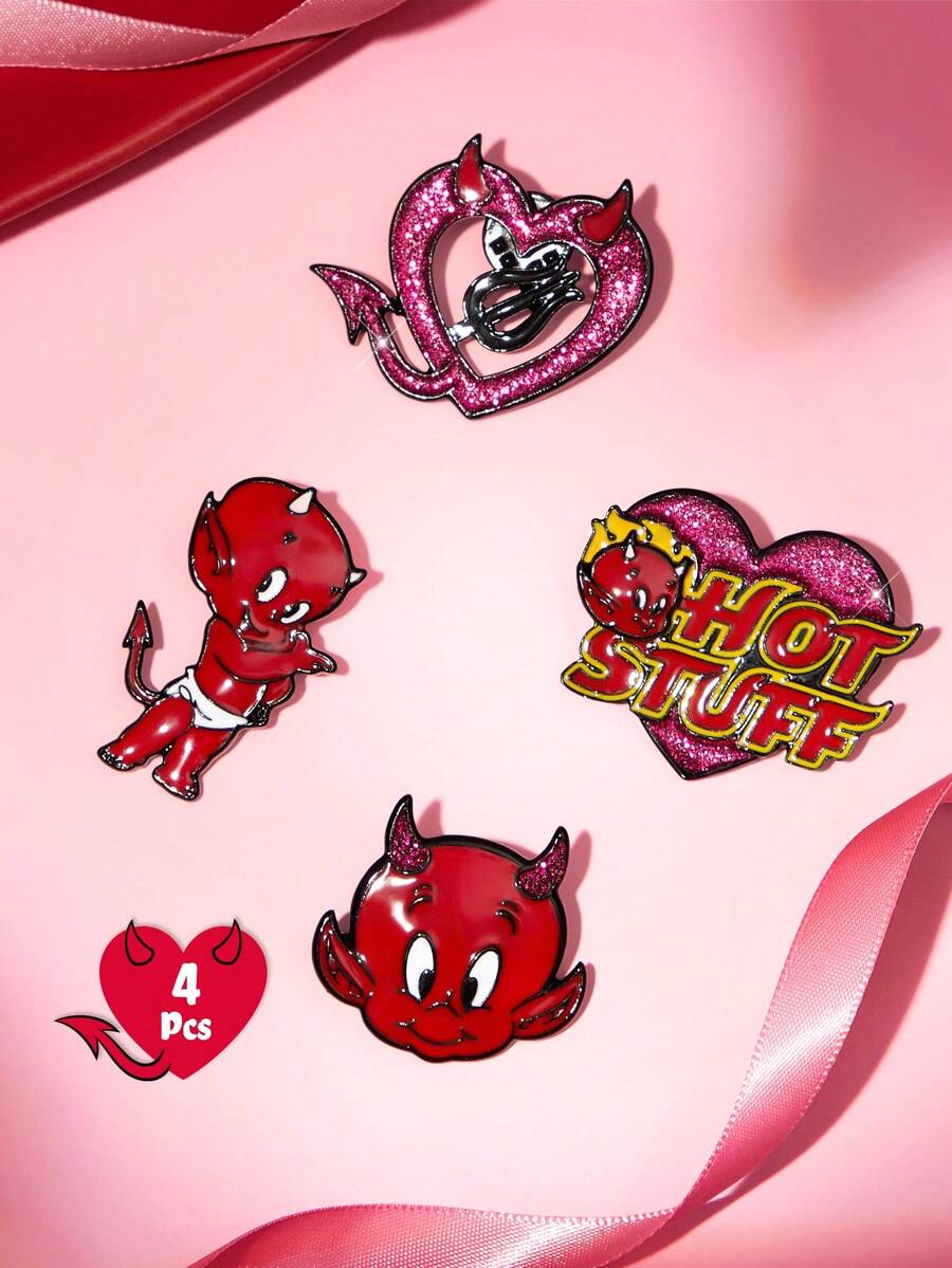 SHEIN HOT STUFF 時尚黑色鋅合金紅色卡通愛心胸針徽章紀念收藏禮物 - 彩色 - 查看 1