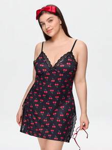 Bonmuse 1 buah Gaun Tidur Camisole Wanita Ukuran Besar Bahan Rayon Motif Ceri dengan Hiasan Renda dan Pita, Belahan Samping - Hitam - View 6
