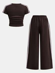 Tween Girl Casual Daily Knitted Fitted Top With Ribbon Detail And Straight Leg Pants With Ribbon Detail - Brown - View 2