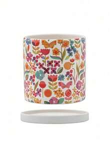 Haus Hana 1pc Cute Nordic Floral Print Ceramic Pot, Round Breathable Terracotta Planter With Drainage Hole For Succulents & Phalaenopsis - multicolor - View 12